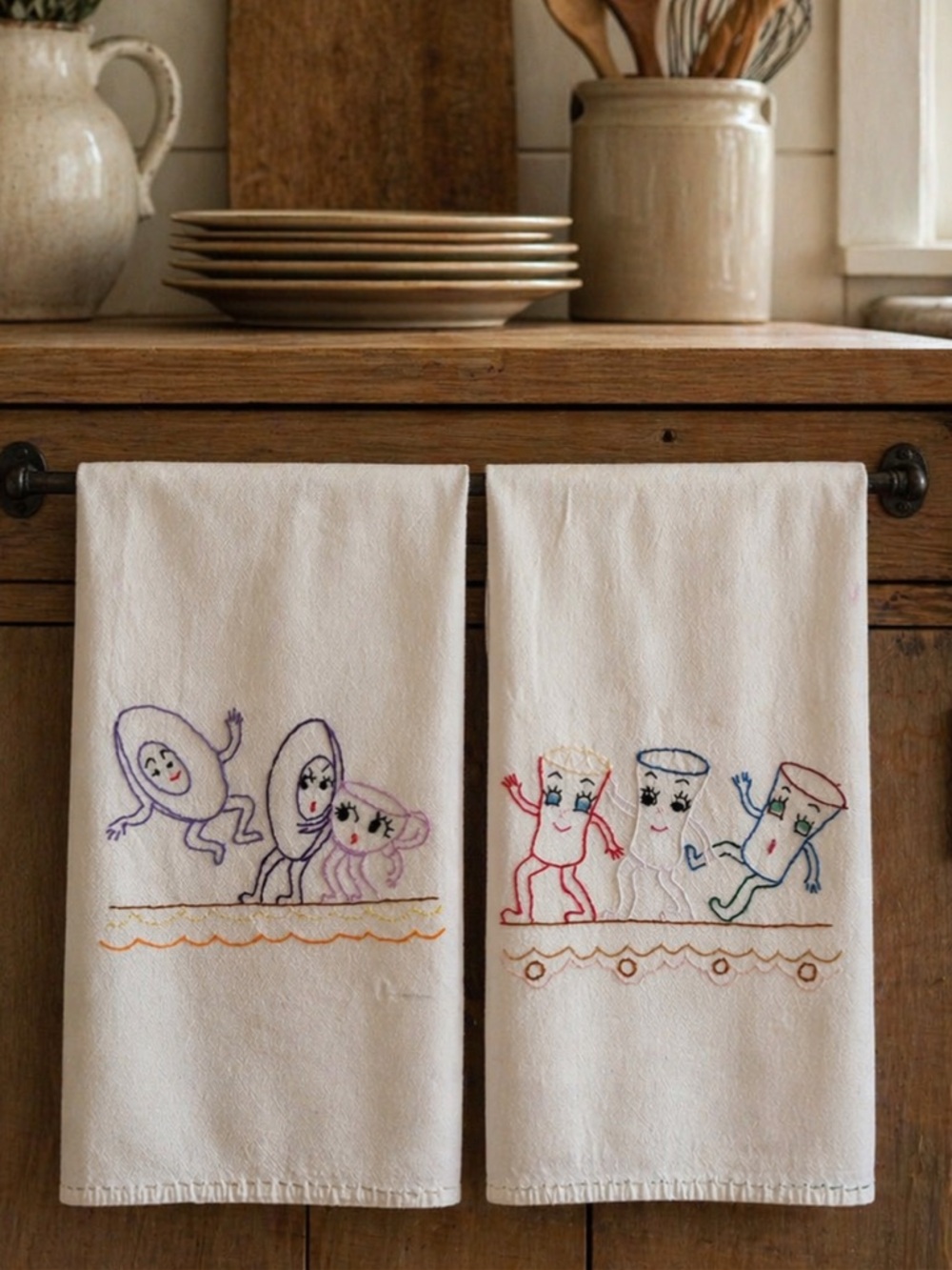 2 Vintage Embroidered Kitschy Dish Towels. Humpty Dumpty | Hand Stitched | 35x19